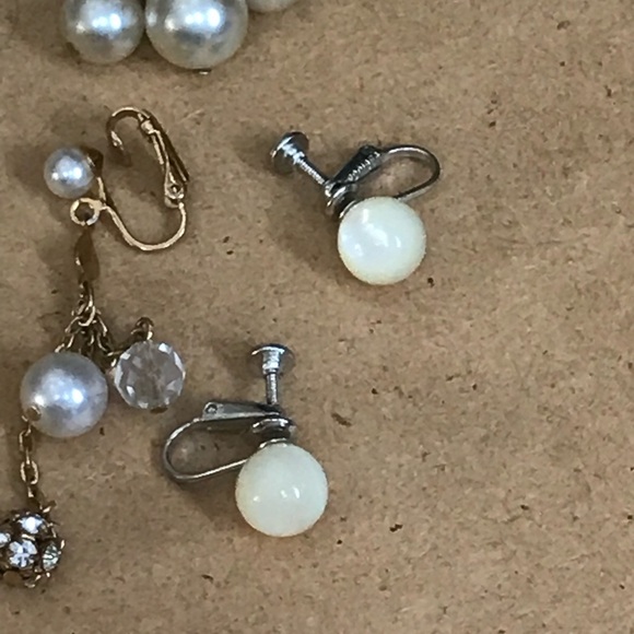 Lot of 3 Vintage Pearl Rhinestone Moonglow Clip-On Earrings Dangle Cluster - Picture 3 of 11